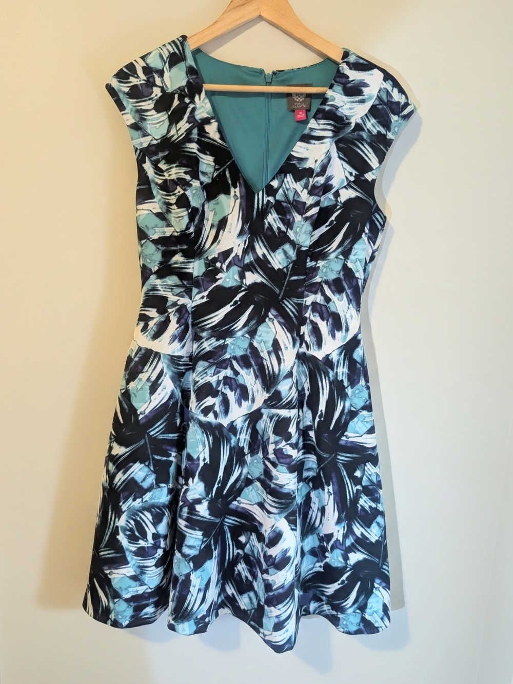 Vince Camuto Teal, Black and White Brushstroke Fit And Flare Dress